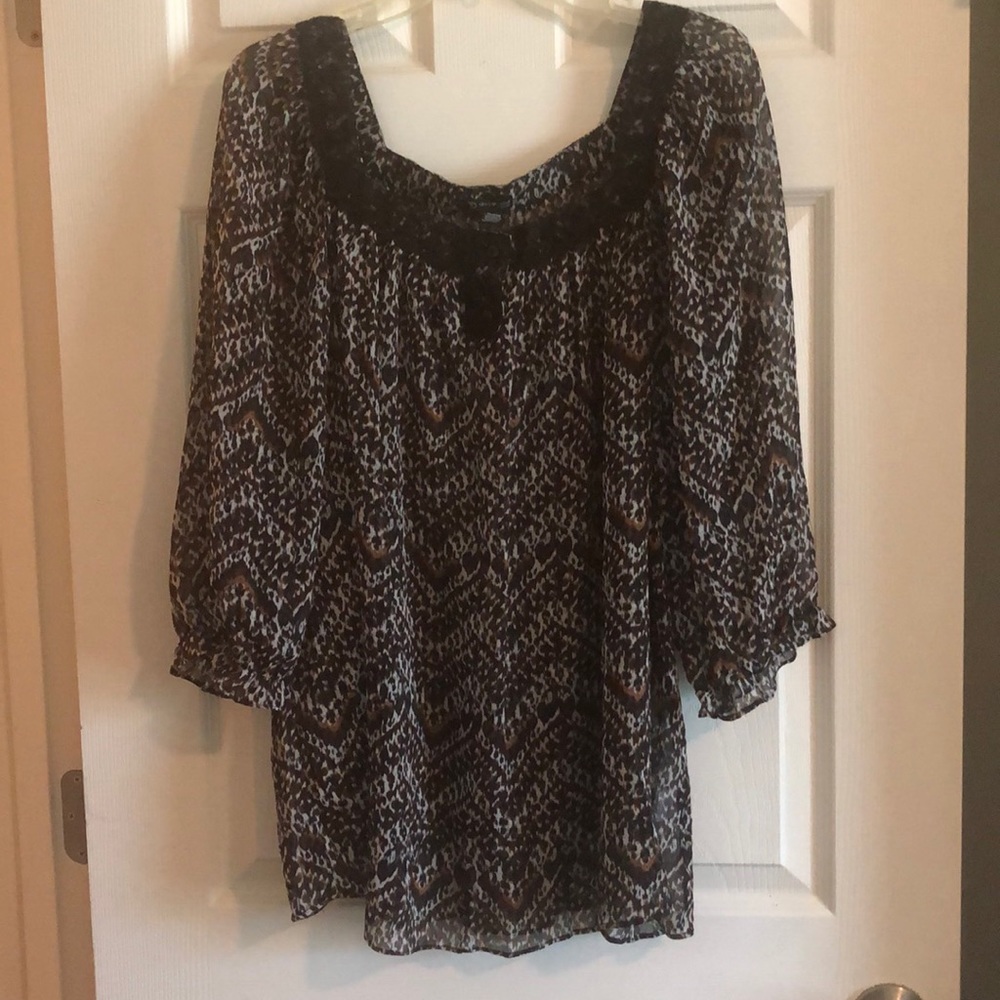 Black/Brown print sheer 3/4 blouse ND Woman 3x